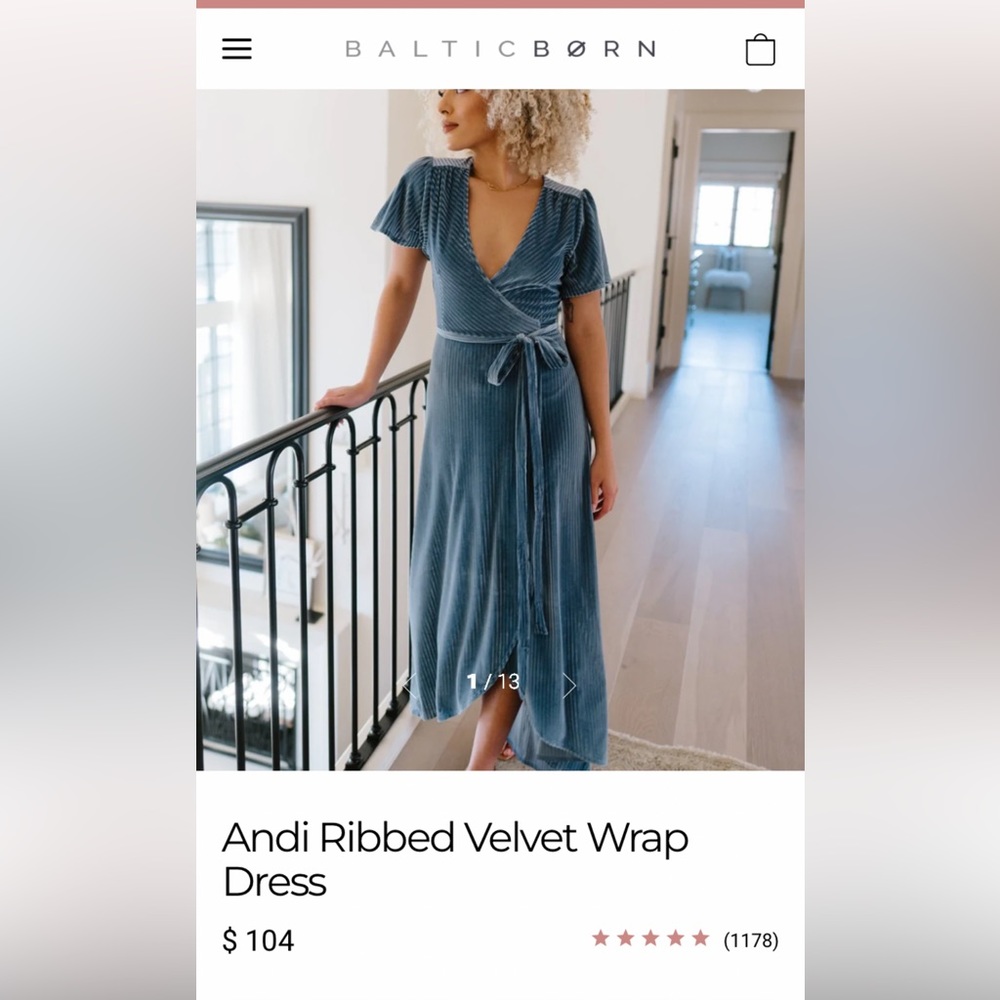 Baltic Born Blue Ribbed Velvet Wrap Midi Dress